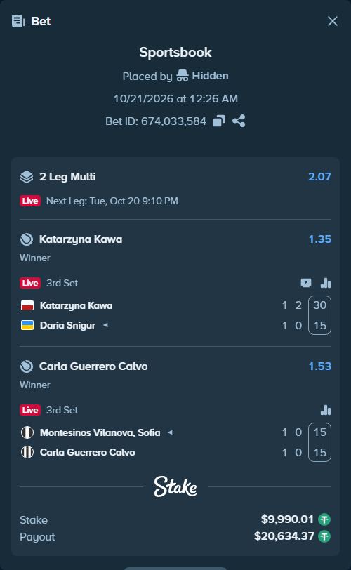 Bet slip: Montesinos Vilanova, Sofia - Guerrero Calvo, Carla, $10,000.00 stake at 1.53 odds, placed by Hidden