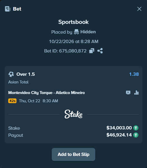 Bet slip: Montevideo City Torque - Atletico Mineiro, $34,037.00 stake at 1.38 odds, placed by tlwns4736