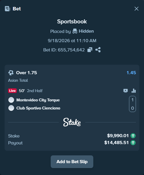 Bet slip: Montevideo City Torque - Cienciano, $10,000.00 stake at 1.45 odds, placed by Hidden