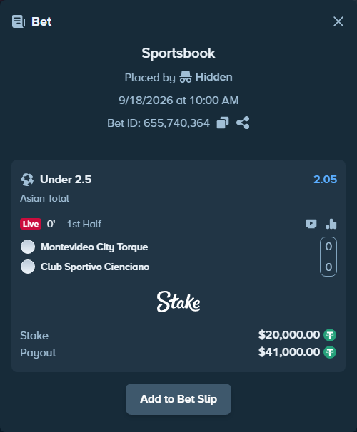 Bet slip: Montevideo City Torque - Cienciano, $20,020.00 stake at 2.05 odds, placed by Hidden