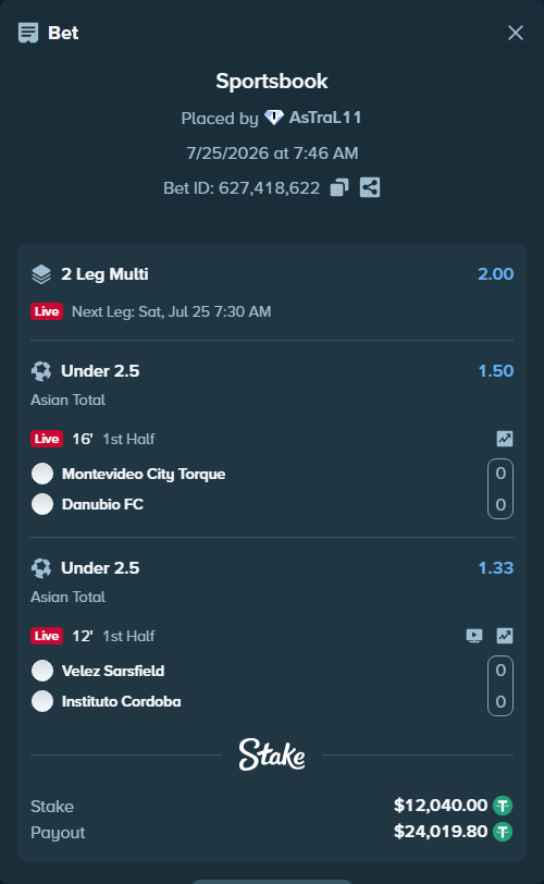 Bet slip: Montevideo City Torque - Danubio FC, $12,052.04 stake at 1.50 odds, placed by AsTraL11