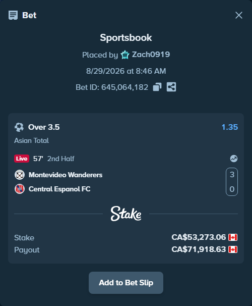 Bet slip: Montevideo Wanderers - Central Espanol FC, $39,422.06 stake at 1.35 odds, placed by Zach0919