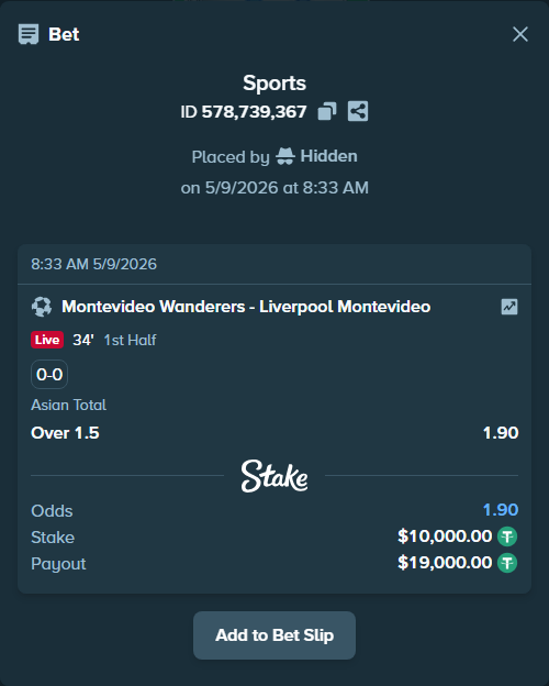 Bet slip: Montevideo Wanderers - Liverpool Montevideo, $10,000.00 stake at 1.90 odds, placed by Hidden