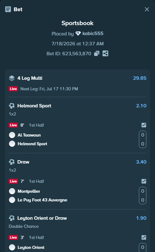 Bet slip: Montpellier - Le Puy-En Velay FC, $32,471.45 stake at 3.40 odds, placed by kabic555