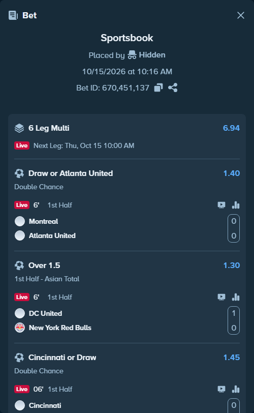 Bet slip: Montreal - Atlanta United, $237,737.50 stake at 1.40 odds, placed by Hidden