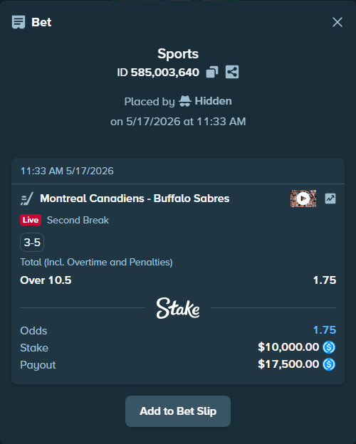 Bet slip: Montreal Canadiens - Buffalo Sabres, $10,000.00 stake at 1.75 odds, placed by Hidden