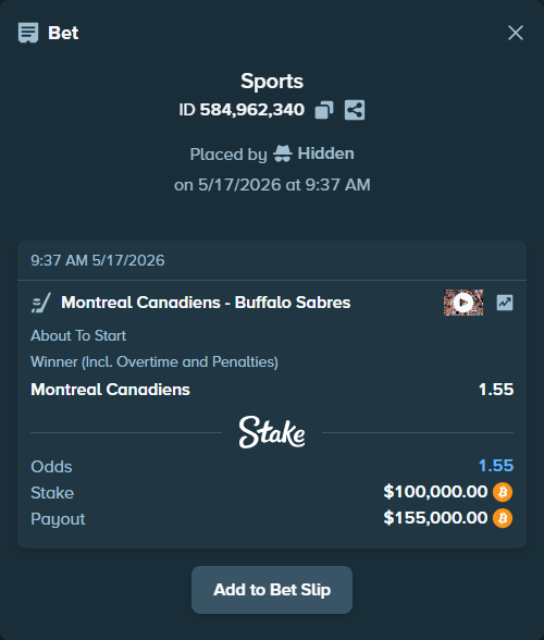 Bet slip: Montreal Canadiens - Buffalo Sabres, $82,159.36 stake at 1.55 odds, placed by Hidden