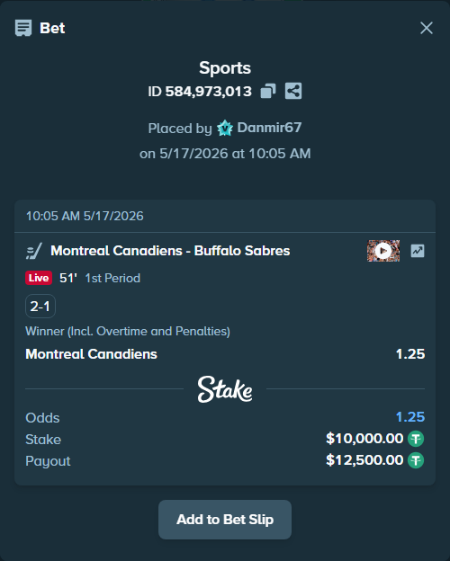 Bet slip: Montreal Canadiens - Buffalo Sabres, $10,010.00 stake at 1.25 odds, placed by Danmir67