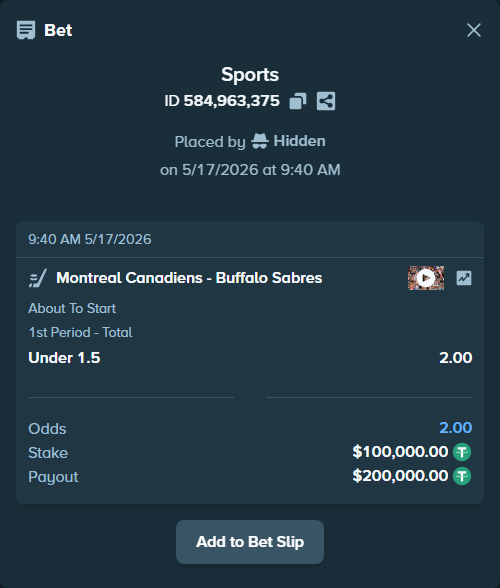 Bet slip: Montreal Canadiens - Buffalo Sabres, $100,100.00 stake at 2.00 odds, placed by Hidden