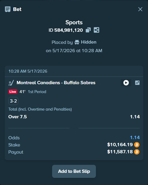 Bet slip: Montreal Canadiens - Buffalo Sabres, $8,344.31 stake at 1.14 odds, placed by jashdhaliwal
