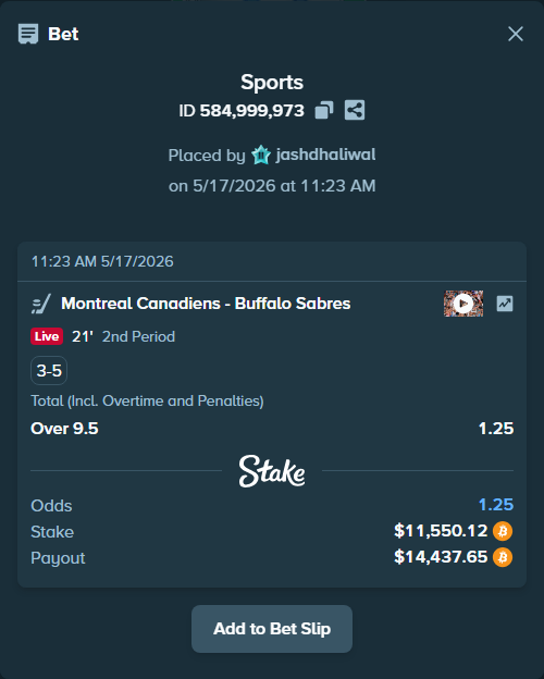 Bet slip: Montreal Canadiens - Buffalo Sabres, $9,541.40 stake at 1.25 odds, placed by jashdhaliwal
