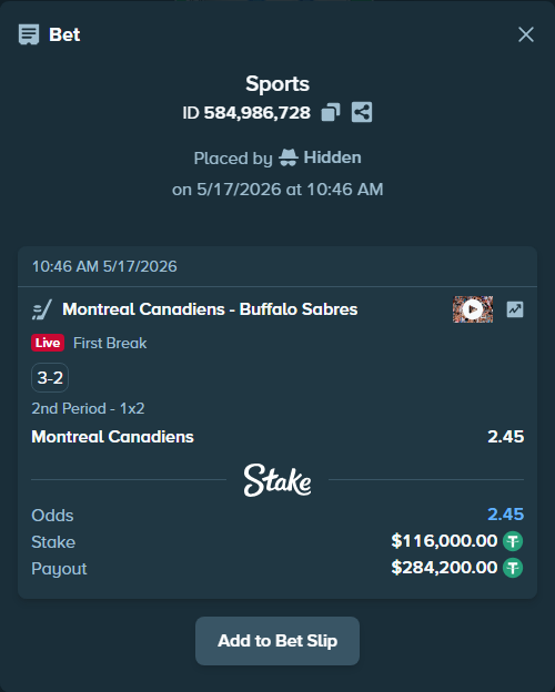 Bet slip: Montreal Canadiens - Buffalo Sabres, $116,000.00 stake at 2.45 odds, placed by Hidden