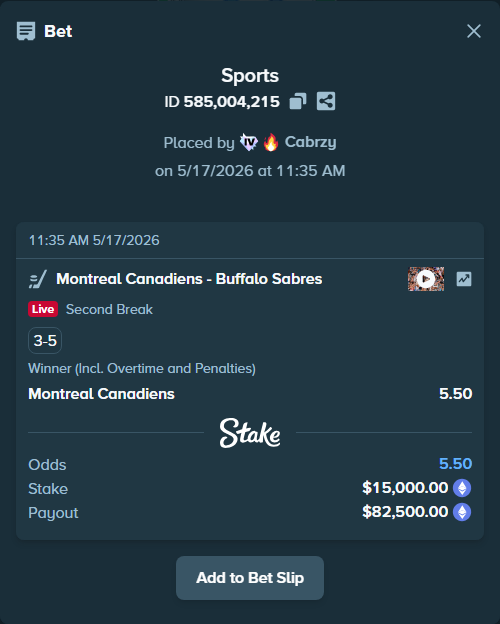 Bet slip: Montreal Canadiens - Buffalo Sabres, $11,975.95 stake at 5.50 odds, placed by Cabrzy