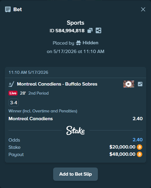 Bet slip: Montreal Canadiens - Buffalo Sabres, $16,457.55 stake at 2.40 odds, placed by Hidden