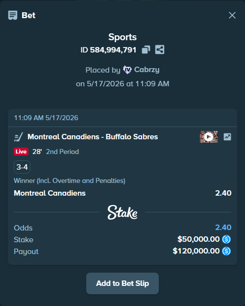 Bet slip: Montreal Canadiens - Buffalo Sabres, $50,000.00 stake at 2.40 odds, placed by Cabrzy