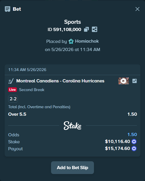 Bet slip: Montreal Canadiens - Carolina Hurricanes, $8,832.16 stake at 1.50 odds, placed by Homiachok