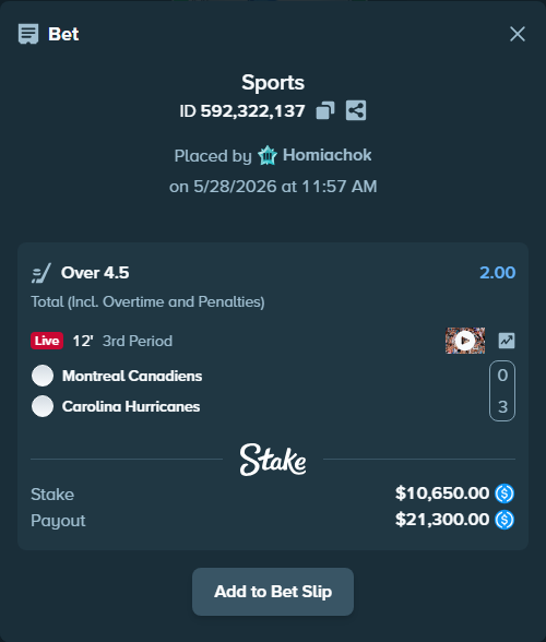 Bet slip: Montreal Canadiens - Carolina Hurricanes, $10,650.00 stake at 2.00 odds, placed by Homiachok