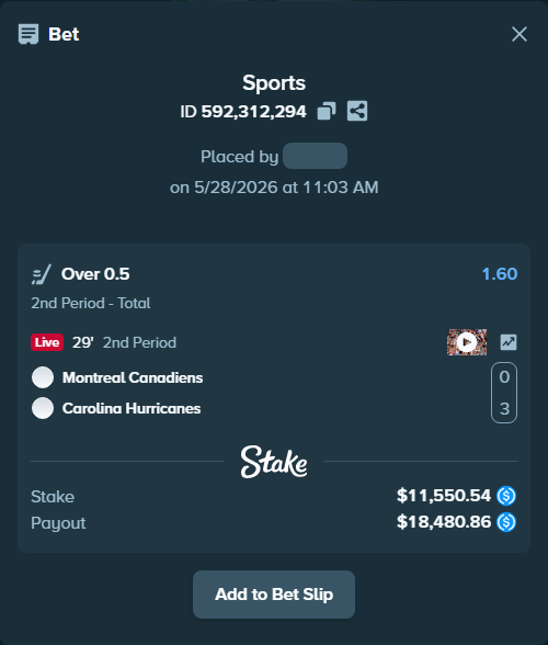 Bet slip: Montreal Canadiens - Carolina Hurricanes, $11,550.54 stake at 1.60 odds, placed by Homiachok