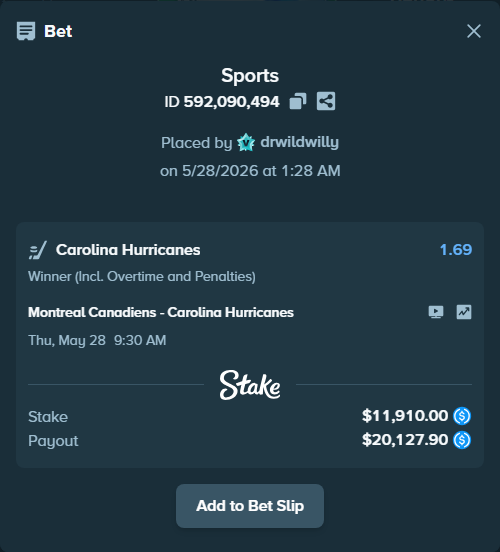 Bet slip: Montreal Canadiens - Carolina Hurricanes, $11,910.00 stake at 1.69 odds, placed by drwildwilly