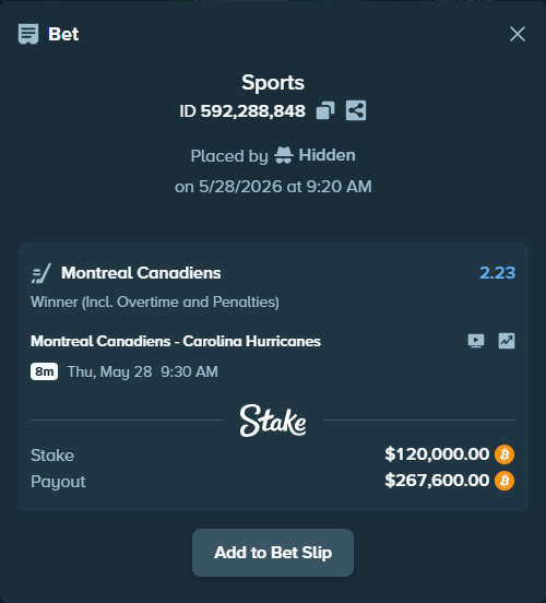 Bet slip: Montreal Canadiens - Carolina Hurricanes, $103,983.01 stake at 2.23 odds, placed by Hidden
