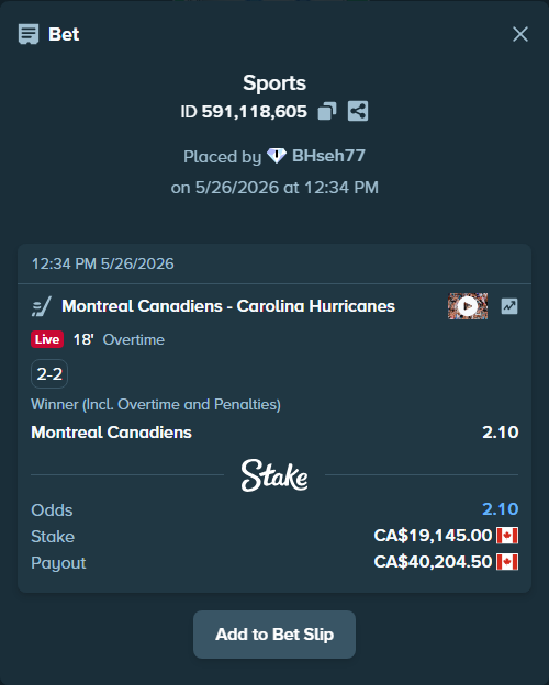 Bet slip: Montreal Canadiens - Carolina Hurricanes, $14,167.30 stake at 2.10 odds, placed by BHseh77