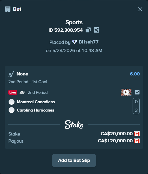 Bet slip: Montreal Canadiens - Carolina Hurricanes, $14,800.00 stake at 6.00 odds, placed by BHseh77