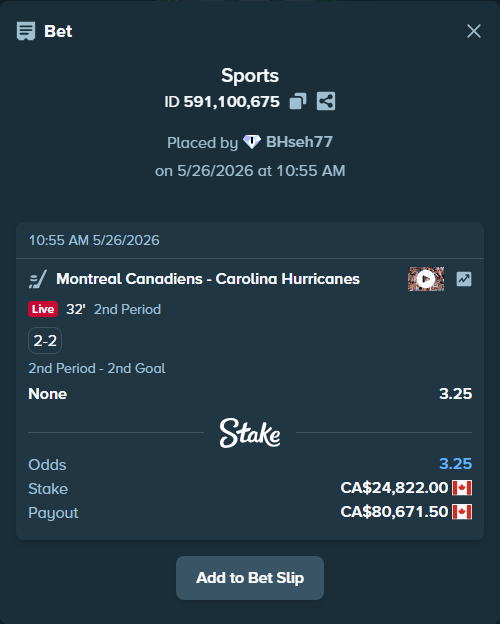 Bet slip: Montreal Canadiens - Carolina Hurricanes, $18,368.28 stake at 3.25 odds, placed by BHseh77