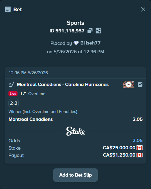 Bet slip: Montreal Canadiens - Carolina Hurricanes, $18,500.00 stake at 2.05 odds, placed by BHseh77