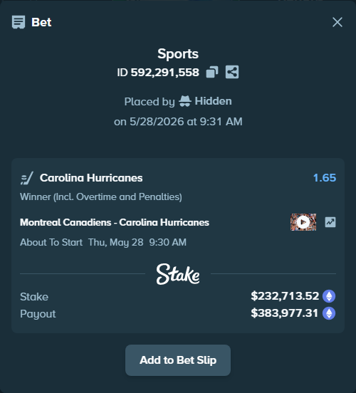 Bet slip: Montreal Canadiens - Carolina Hurricanes, $199,781.86 stake at 1.65 odds, placed by Hidden