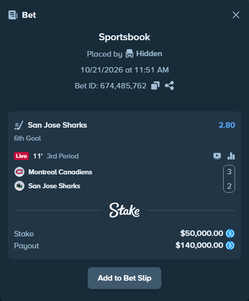 Bet slip: Montreal Canadiens - San Jose Sharks, $50,000.00 stake at 2.80 odds, placed by Hidden