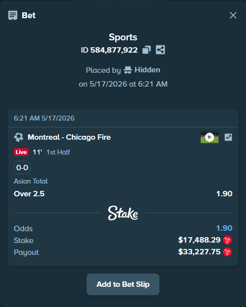 Bet slip: Montreal - Chicago Fire, $16,076.18 stake at 1.90 odds, placed by Hidden