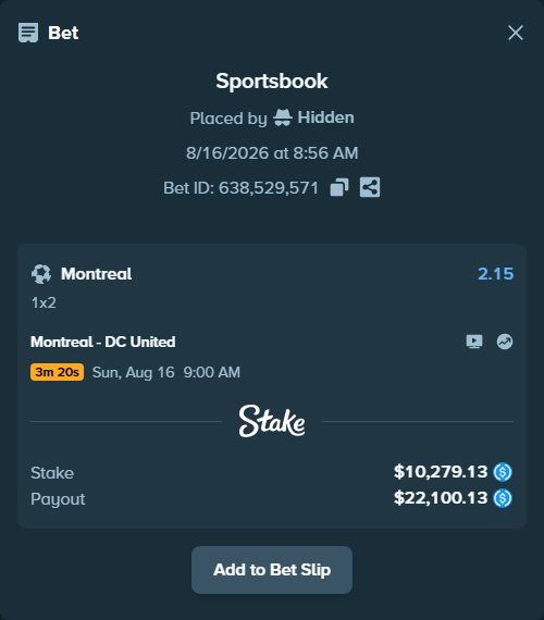 Bet slip: Montreal - DC United, $10,279.13 stake at 2.15 odds, placed by Hidden