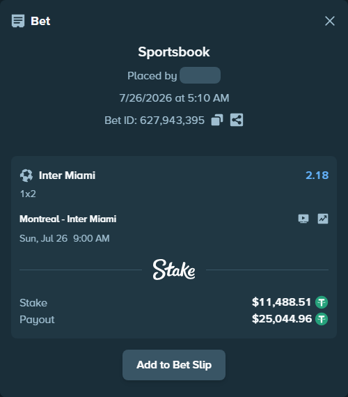 Bet slip: Montreal - Inter Miami, $11,500.00 stake at 2.18 odds, placed by VadimKotlyar