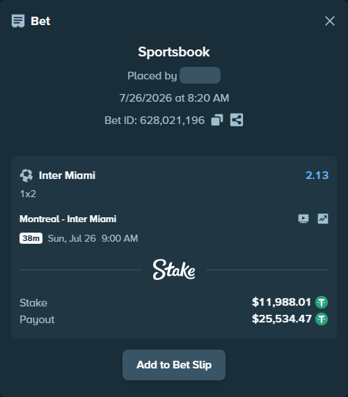 Bet slip: Montreal - Inter Miami, $12,000.00 stake at 2.13 odds, placed by VadimKotlyar