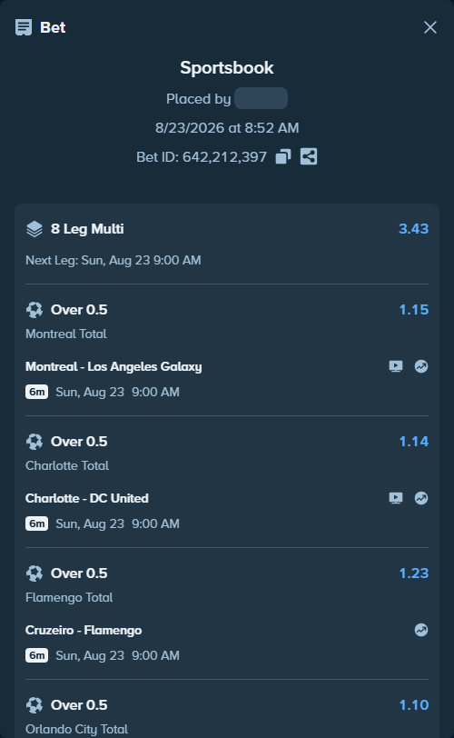 Bet slip: Montreal - Los Angeles Galaxy, $11,111.00 stake at 1.15 odds, placed by SH7N28