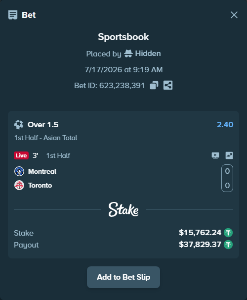 Bet slip: Montreal - Toronto, $15,778.00 stake at 2.40 odds, placed by Hidden