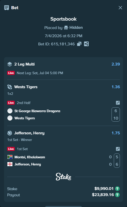 Bet slip: Montsi, Khololwam - Jefferson, Henry, $10,000.00 stake at 1.75 odds, placed by Hidden