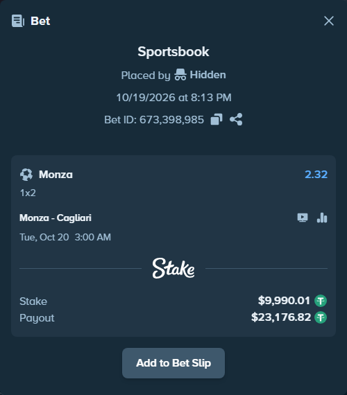 Bet slip: Monza - Cagliari, $10,000.00 stake at 2.32 odds, placed by jeromecua