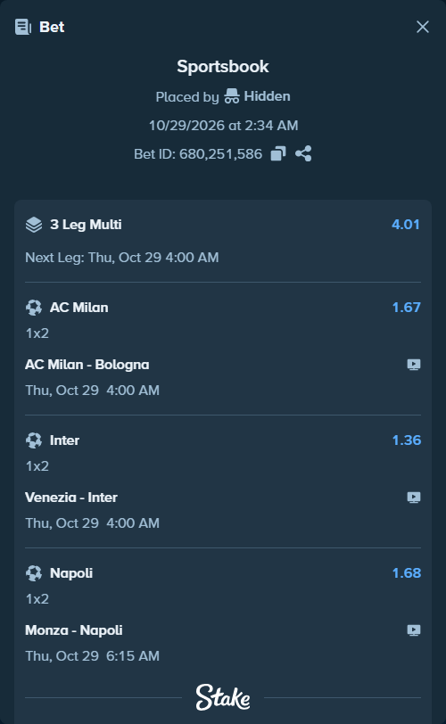 Bet slip: Monza - Napoli, $11,999.00 stake at 1.68 odds, placed by Agus1033