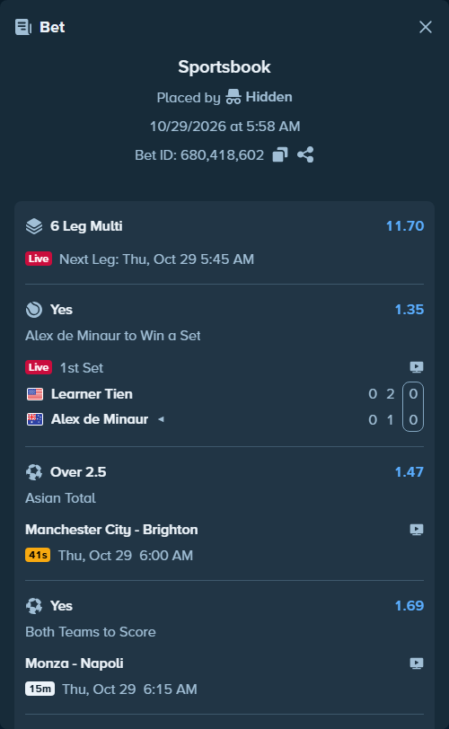 Bet slip: Monza - Napoli, $22,802.00 stake at 1.69 odds, placed by Hidden