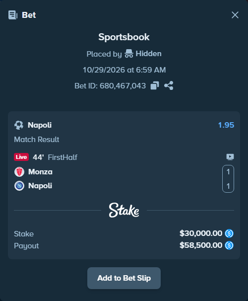 Bet slip: Monza - Napoli, $30,000.00 stake at 1.95 odds, placed by Molle59