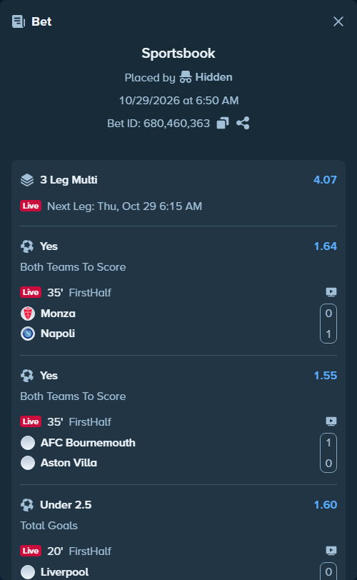 Bet slip: Monza - Napoli, $34,000.00 stake at 1.64 odds, placed by Hidden