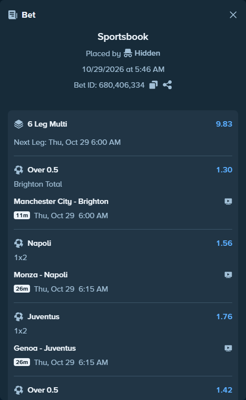 Bet slip: Monza - Napoli, $39,198.28 stake at 1.56 odds, placed by Hidden