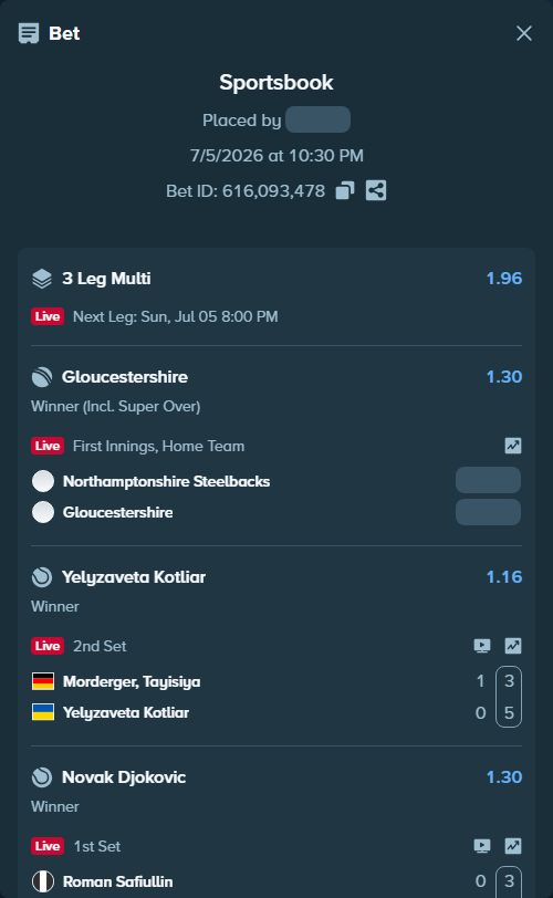 Bet slip: Morderger, Tayisiya - Yelyzaveta Kotliar, $30,030.00 stake at 1.16 odds, placed by AsTraL11