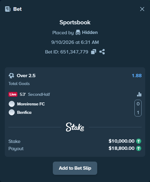 Bet slip: Moreirense - Benfica, $10,000.00 stake at 1.88 odds, placed by Hidden
