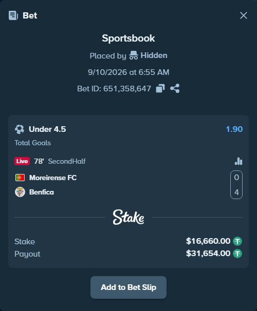 Bet slip: Moreirense - Benfica, $16,660.00 stake at 1.90 odds, placed by Hidden
