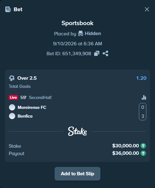 Bet slip: Moreirense - Benfica, $30,000.00 stake at 1.20 odds, placed by Hidden