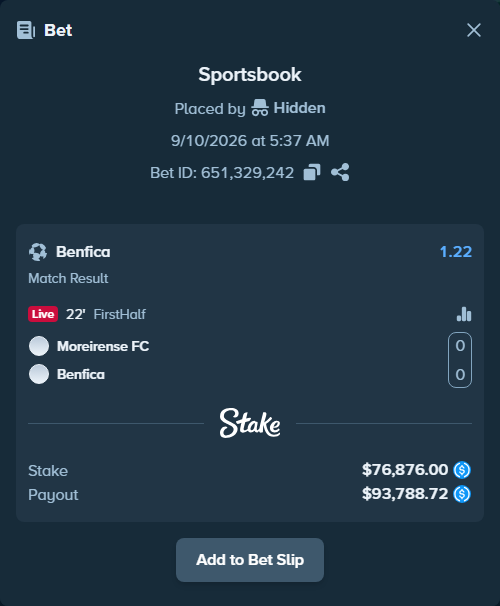 Bet slip: Moreirense - Benfica, $76,876.00 stake at 1.22 odds, placed by Hidden