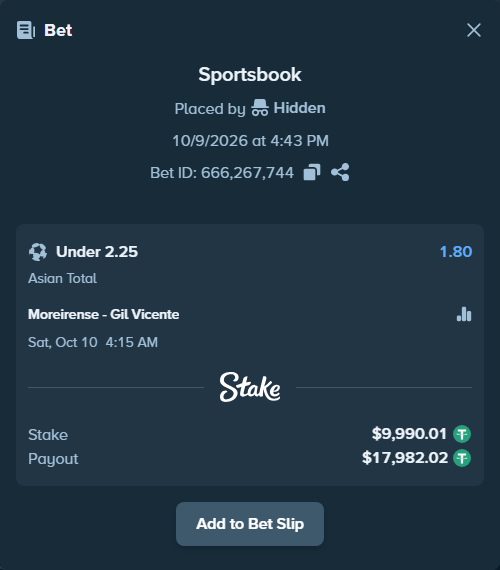 Bet slip: Moreirense - Gil Vicente, $10,000.00 stake at 1.80 odds, placed by Hidden