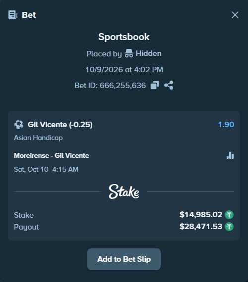 Bet slip: Moreirense - Gil Vicente, $15,000.00 stake at 1.90 odds, placed by Hidden